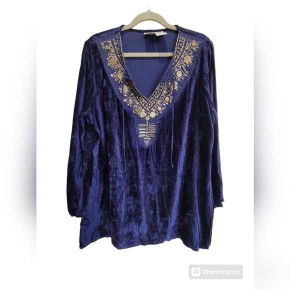 ROAMAN'S Sz 16W Velvet Beaded Embellished Front Keyhole Tie String Tunic - Picture 1 of 8